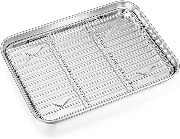 Toaster Oven Pan with Rack Set, P&P CHEF Stainless Steel Broiler Pan with Cooling Rack, Mini Rectangle 9’’x 7’’x1’’, Non Toxic & Heavy Duty, Mirror Finish & Dishwasher Safe