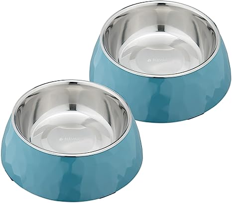 Navaris Stainless Steel Pet Bowls - Set of 2 Small Food and Water Dishes (350 ml Each) for Dogs and Cats with Plastic Stands - Dog and Cat Bowl Set