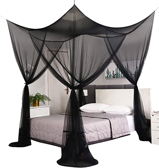 Mengersi 4 Corner Post Elegant Mosquito Net Curtain Bed Canopy for Full Queen King Bed,Suitable for Indoor Outdoor Net(Black, L87xW79xH98 inch)