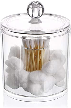 Hipewe Cotton Ball and Swab Organizer with Lid Apothecary Acrylic Jar Makeup Cotton Organizer Bathroom Storage Canister Jar for Cotton Rounds Pads Q-Tips Holder