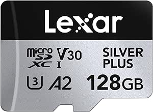 Lexar Silver Plus 128GB Micro SD Card up to 205 MB/s, MicroSDXC UHS-I Flash Memory Card with Adapter, C10, U3, A2, V30, Full HD, 4K UHD, High Speed TF Card for Drone, Action Camera, Handheld Consoles