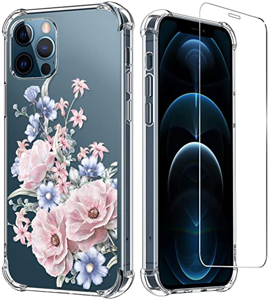 LUXVEER for iPhone 12 Case,iPhone 12 Pro Case with Screen Protector,Fashionable Blooming Floral Flower on Soft Clear TPU Cover for Girls Women,Protective Phone Case for iPhone 12/12 Pro 6.1 inch