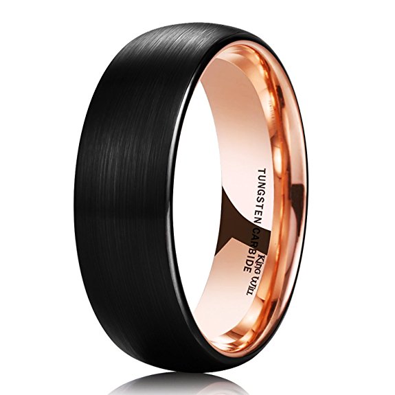 King Will 8mm Women Men Black Tungsten Carbide Ring Matte Brushed Dome 18K Rose Gold Plated Comfort Fit Wedding Band