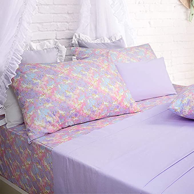 Brandream Twin Size Sheets Cotton Unicorn Bedding Purple Kid Girls Bed Sheet Set Deep Pockets 18 Inch 4-Piece