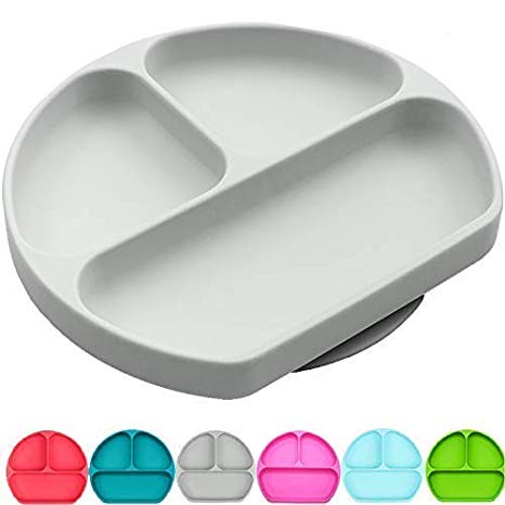 SiliKong Silicone Suction Plate for Toddlers | BPA Free, Microwave, Dishwasher and Oven Safe | Divided Baby Feeding Bowls Dishes for Kids and Infants (Gray)