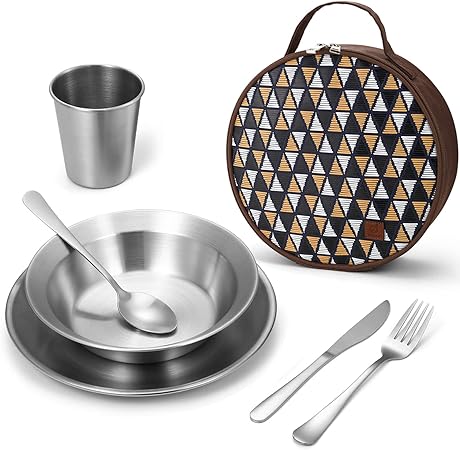 Odoland Camping Complete Messware Kit, Polished Stainless Steel Camp Dinnerware, Camping Cooking Tableware, Cutlery Organizer Utensil with Plates and Bowls Set for Backpacking, Hiking, Picnic