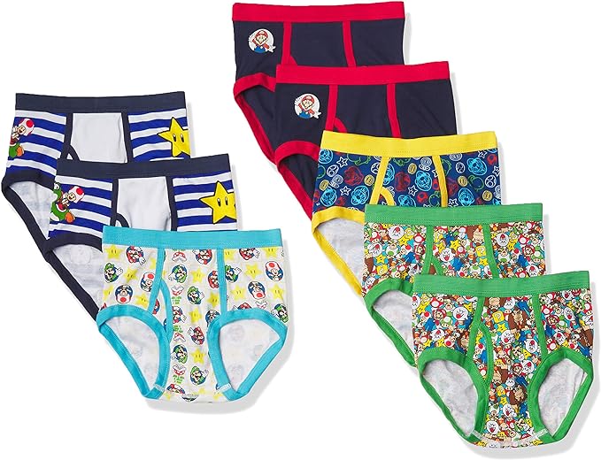 Nintendo Boys' 8 Pack 100% Combed Cotton Briefs with Mario, Luigi, Toad, Yoshi, Peach & Bowser, Sizes 4, 6, 8