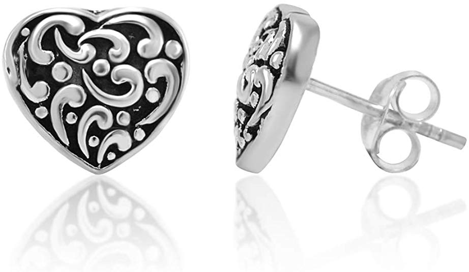 925 Oxidized Sterling Silver Filigree Heart 10 mm Post Stud Earrings