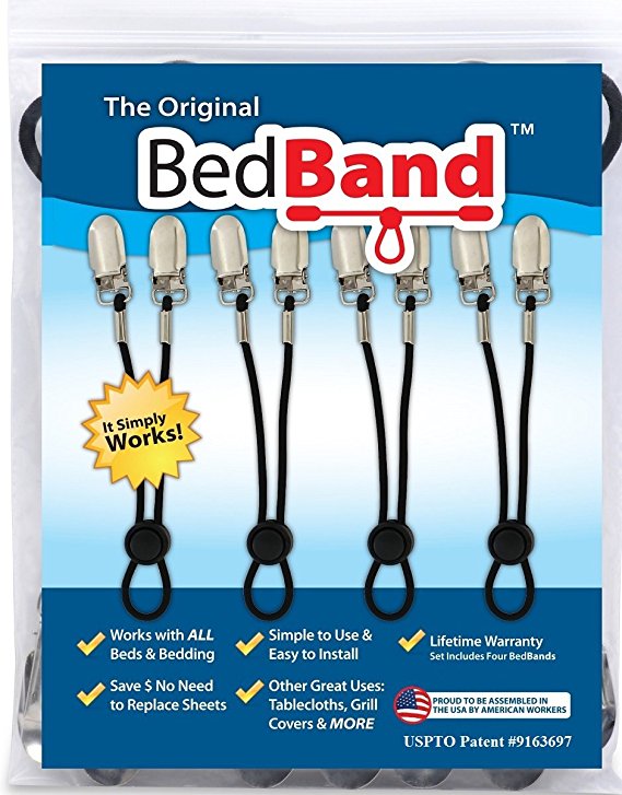 Bed Band Not Made in China. 100% USA Worker Assembled. Bed Sheet Holder, Gripper, Suspender and Strap. Smooth any Sheets on any Bed. Sleep Better. Patented.