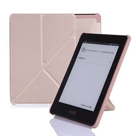 Amazon Kindle Voyage Case Cover, Leather Origami Stand, Book Folio Style, Secured with Magnetic Closure, Front Lid Attaches to the Back By Magnets, Rubberized Hard Back Shell Cover, with Smart Auto Sleep / Wake up Function, Ultra Slim and Light Weight, Thin, Gold, Designed and Manufactured By Nouske Only