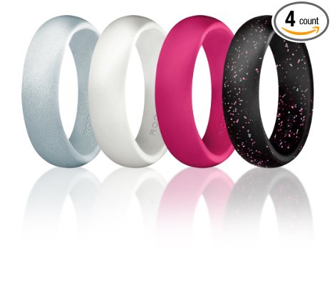 Silicone Wedding Ring For Women By ROQ, Affordable Silicone Rubber Wedding Bands, 4 Pack - Glitter Teal, Pink, Silver, Turquoise, White, Purple