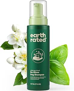 Earth Rated No-Rinse Dog & Puppy Shampoo, Convenient Waterless Dog Shampoo for Cleaning, Conditioning & Detangling, for All Coat Types, Refreshing White Tea & Basil Scent, 7 oz.