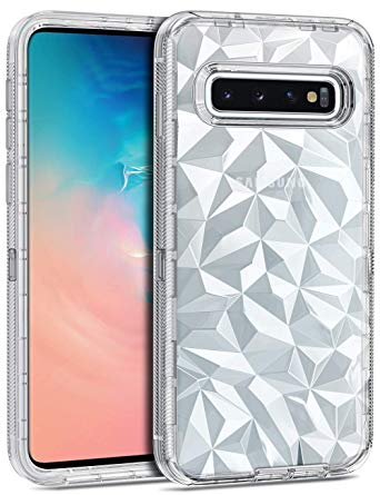 CHEERINGARY Case for Galaxy S10 Case Clear 3D Diamond Pattern Cover Hard PC TPU with Bumper Cover Antislip Shockproof Drop Antiscratch Protection Cover for Galaxy S10 6.1 Inches, Transparent White