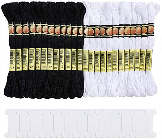 Pllieay 24 Skeins Cross Stitch Threads, Black and White Halloween Cotton Embroidery Floss Friendship Bracelets Floss with 12 Pieces Floss Bobbins for Knitting, Cross Stitch Project