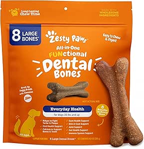 Zesty Paws Dental Bones - Fights Tartar & Plaque - Gum, Teeth & Bone Health - Cinnamon for Dog Breath - Immune, Joint, Gut, Skin & Coat Support - Omega 3 EPA & DHA and Calcium - Large Dogs - 8 ct…