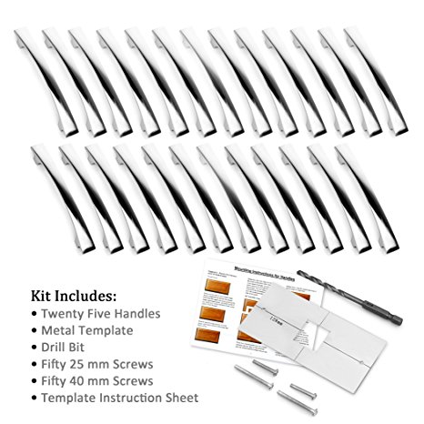ReliablePulls Chrome Finish Cabinet Pulls with Template / Jig and Optional Longer Screws, 25-Pack