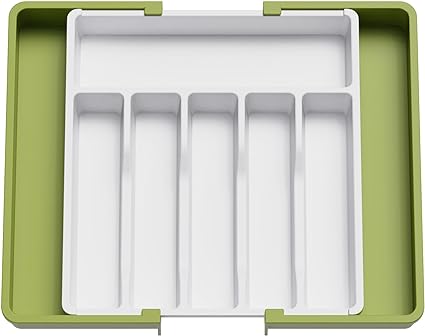 Lifewit Silverware Drawer Organizer, Expandable Utensil Tray for Kitchen, Adjustable Flatware and Cutlery Holder, Compact Plastic Storage for Spoons Forks Knives, Large, Green&White