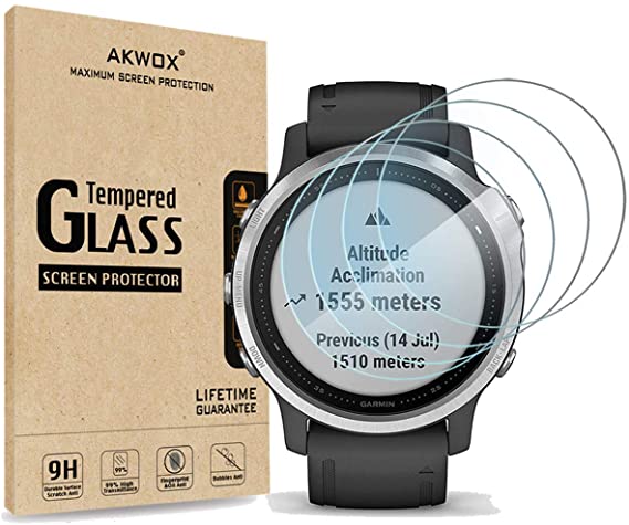 (Pack of 4) Tempered Glass Screen Protector for Garmin Fenix 6S, AKWOX [0.3mm 2.5D High Definition 9H] Premium Clear Screen Protective Film for Garmin Fenix 6S