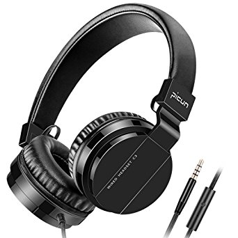 Picun Wired Headphones with Microphones for Computer Smartphones Tablet Laptop MP3/4,Earphones Over Ear Stereo Headsets with Deep Bass for Kids Teens Adults Black