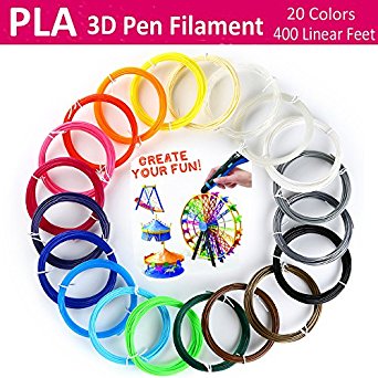 3D Pen Filament Refills - 20 Colors 1.75mm PLA - Bonus 2 Glow in the Dark for 3D printing & Drawing Pen, 400 Linear Feets with 2 Free Spatula, Colorful Boxes with Handle