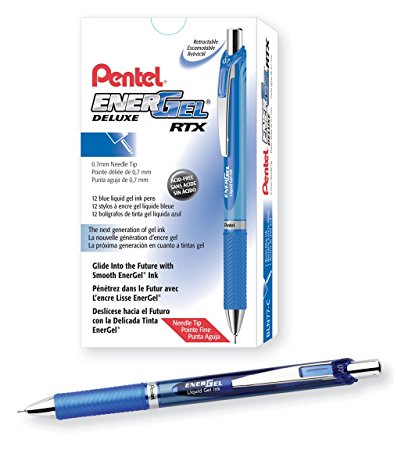 Pentel EnerGel Deluxe RTX Retractable Liquid Gel Pen, Medium Line, Needle Tip, Blue Ink, Box of 12 (BLN77-C)