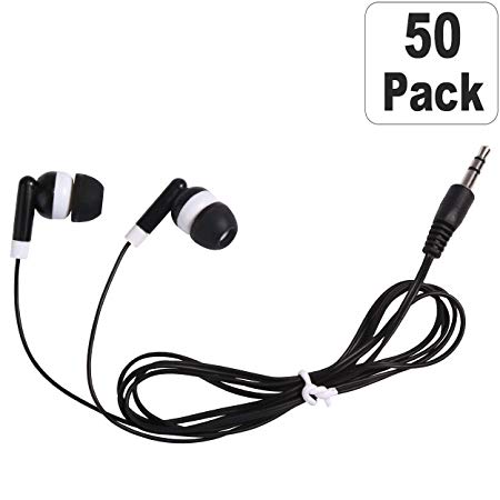 Bulk Earbuds Headphones Individually Bagged 50 Pack For Iphone, Android, MP3 Player For Schools, Libraries, Hospitals - Black