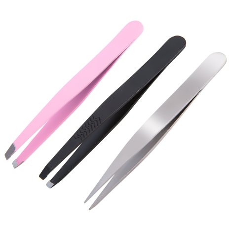Premium Stainless Steel Tweezers Set by Sinsun with Pink Slant Black Straight and Silver Pointed Tip Tweezers -Best for Eyebrow Ingrown and Nose Hair Splinters and More