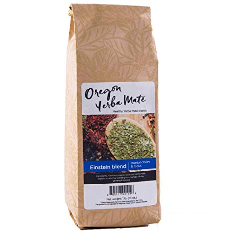 Oregon Yerba Mate Certified Organic Loose Leaf Tea, Einstein Blend [Ginkgo Biloba, Ginseng, Licorice], Alkaline Caffeine. 16 Ounce Bag