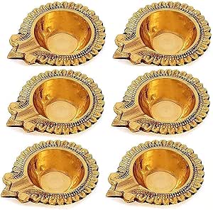 SATVIK 6 Pc Lakshmi Deepak for Diwali Decoration. Handmade Oil Lamp Golden Engraved Made of Virgin Brass Metal Vilakku for Puja Pooja. Traditional Indian Deepawali Housewarming Return Gift Items