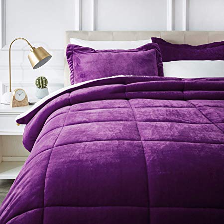 AmazonBasics Micromink Sherpa Comforter Set - Ultra-Soft, Fray-Resistant -  Full/Queen, Plum