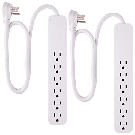 GE, White, Strip Surge Protector 2 Pack, 6 Outlets, Flat Plug, Long Power Cord, 2ft, Wall Mount, 46867, 2 Ft