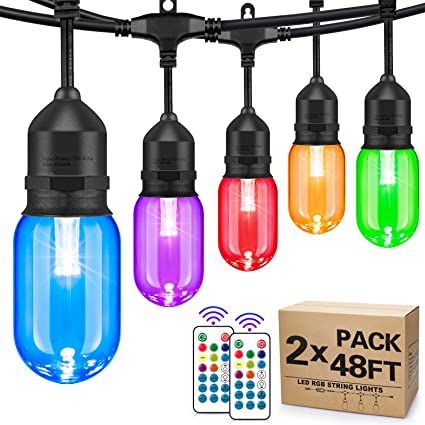 2-Pack 48FT Colored Outdoor String Light, Dimmable RGB Color LED Light String with 30 5 E26 Edison Bulbs, Waterproof Commercial Colorful Hanging Patio Light for Backyard Bistro Party Christmas, 96FT