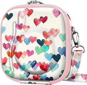 Fintie Protective Case for Fujifilm Instax Mini 12/11/Mini 9/ Mini 8/ Mini 7s/ Mini 90/ Mini 70 Instant Camera - Shockproof Hard Shell Carrying Case with Removable Adjustable Strap, Raining Hearts