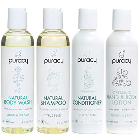 Puracy Organic Personal Care Travel Set (4-Pack), Natural Body Wash, Shampoo, Conditioner, Lotion Gift Box