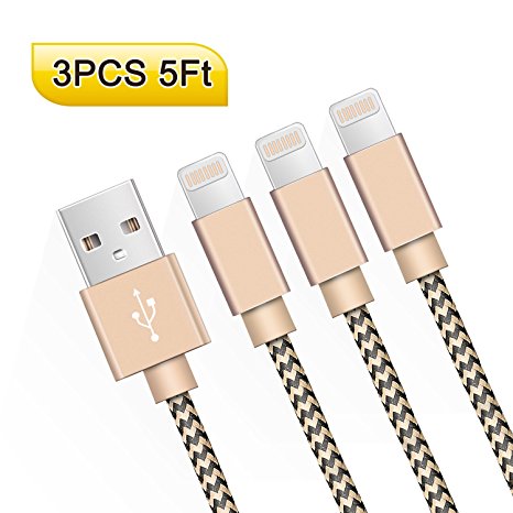 Lightning Cable AOSTA 3-Pack 5Ft/1.5M Nylon Braided Lightning to iPhone Charger Cord with Aluminum Connector for iPhone 7/7 Plus/6s/6s Plus/6/6Plus/5s/5c/5,iPad/iPod,IOS Devices(Gold)