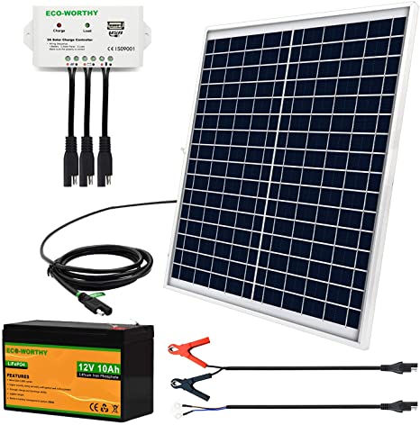 ECO-WORTHY 25W 12V Solar Panel SAE Connector Kit with 10Ah LiFePO4 Battery