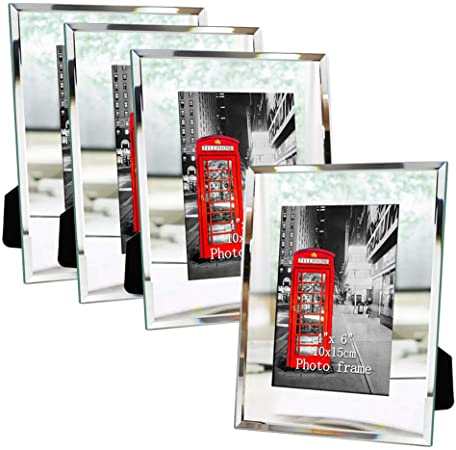 Amazing Roo 4x6 Glass Picture Frame Sets 4 x 6 Mirror Photo Frames for Tabletop, 4 Pack