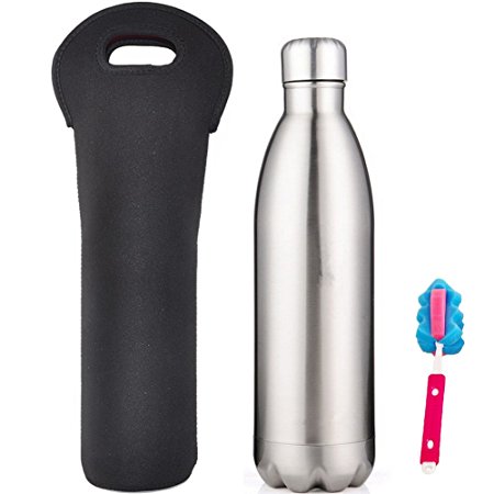 17 oz/25 oz/34 oz Double Walled Stainless Steel Water Bottle Sports Insulated Water Thermos with Free Neoprene Bottle Bag and Sponge Brush