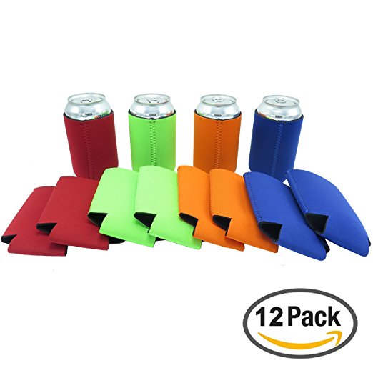 Beer Can Sleeves - Premium Set of 12 (Party Pack ) 12oz Collapsible Can Sleeves - Extra Thick Neoprene with Stitched Fabric Edges