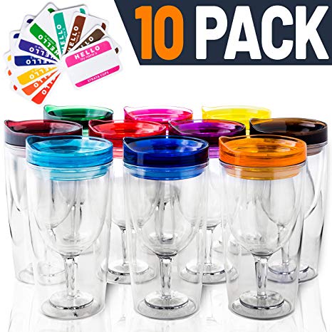 Insulated Wine Tumbler With Lid (SET OF 10)  BONUS Name Decals | Outdoor Acrylic Plastic Wine Glasses | 10oz Cup Tumblers in 10 Colors - Adult Sippy | Unbreakable Stemless Wine Glass