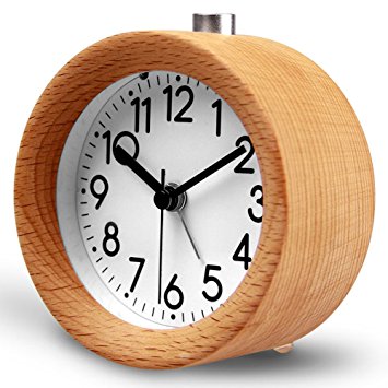 HaloVa Alarm Clock, Creative Fashion Silent Non Ticking Sweep Second Hand Bedside Desk Wooden Alarm Clock with Nightlight for Bedroom, Battery Operated