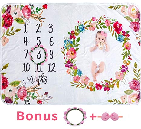 Baby Monthly Milestone Blanket Girl - Large 60''x40'' Floral Plush Fleece Photography Background Prop Newborn Soft Wrinkle-Free Flower Blanket Bonus Wreath Headband