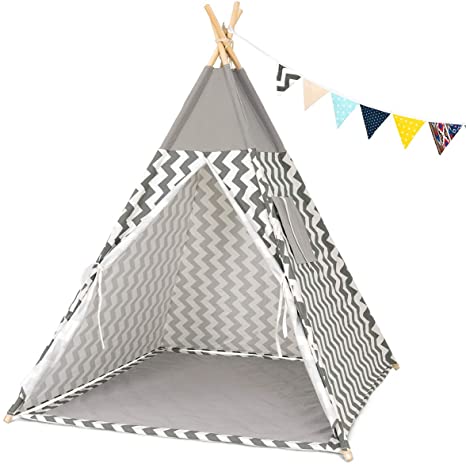 GIGALUMI Kids Teepee Tent Children Play Tent Tipi Indian Style Playhouse with Banner, Floor Mat, Window for Indoor and Outdoor Wave