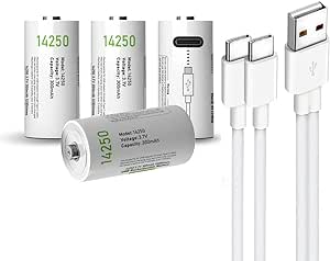 USB 14250 Lithium ion Rechargeable Battery, High Capacity 3.7V 300mAh 1/2 AA Size Rechargeable Can Replace 3.6 Volt LS14250 ER14250 CR14250 Batteries, Fast Charge with Type C Port Cable, 4-Pack