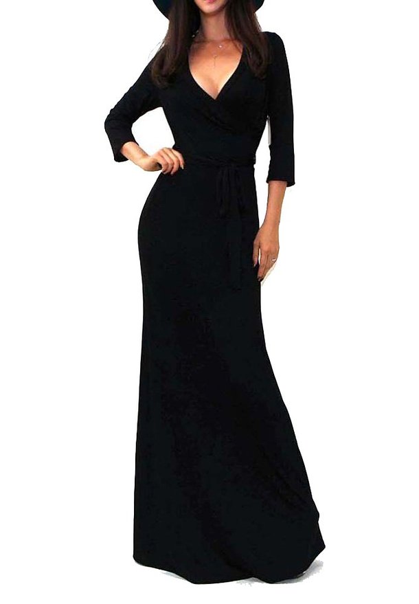 VIVICASTLE Women's Solid V-neck 3/4 Sleeve Wrap Waist Long Maxi Dress