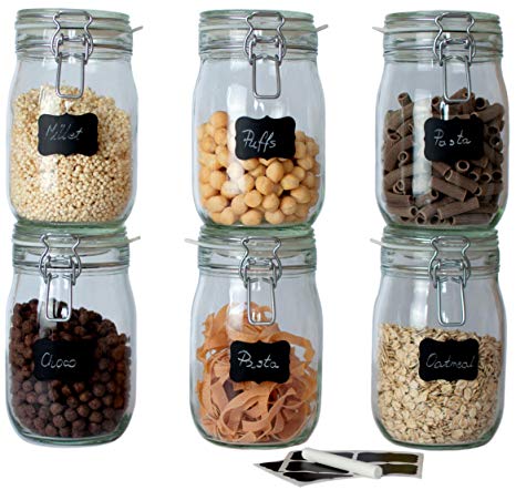6 x Creative Deco Glass Jar Storage 1 Litre Set | 6 x 1L | with Airtight Clip Top Lid | Kitchen Container for Flour Pasta Food Preserving | 8 Reusable Stickers & 1 Anti-Dust Chalk