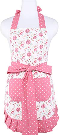 NEOVIVA Kitchen Apron for Women with Pockets, Double-Layered Women Apron with Adjustable Long Ties for Cooking, Baking, BBQ and Gardening, Style Kathy, Floral Prims Pink