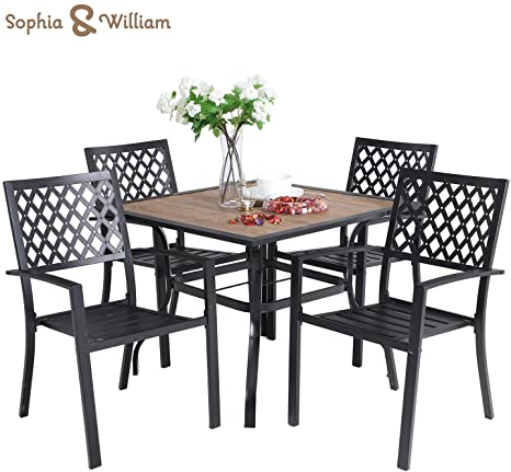 Sophia & William 5 Piece Outdoor Patio Dining Set Metal Table and Chairs Set with 37” Wood-Like Table Top and Umbrella Hole