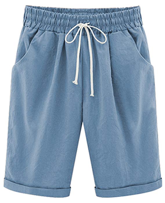 HOW'ON Women's Casual Elastic Waist Knee-Length Curling Bermuda Shorts with Drawstring