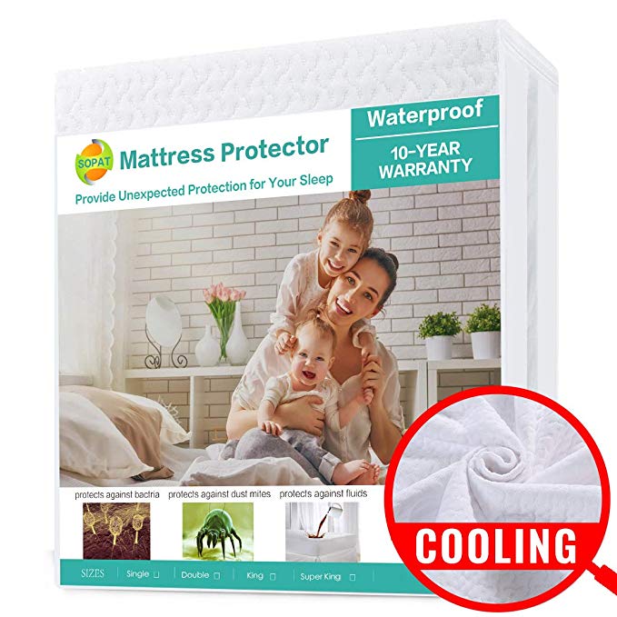 SOPAT Mattress Protector 100% Waterproof Mattress Pad Cover 3D Air Fabric, Hypoallergenic Breathable Soft Cover-Vinyl Free (Double 135x190cm, White)
